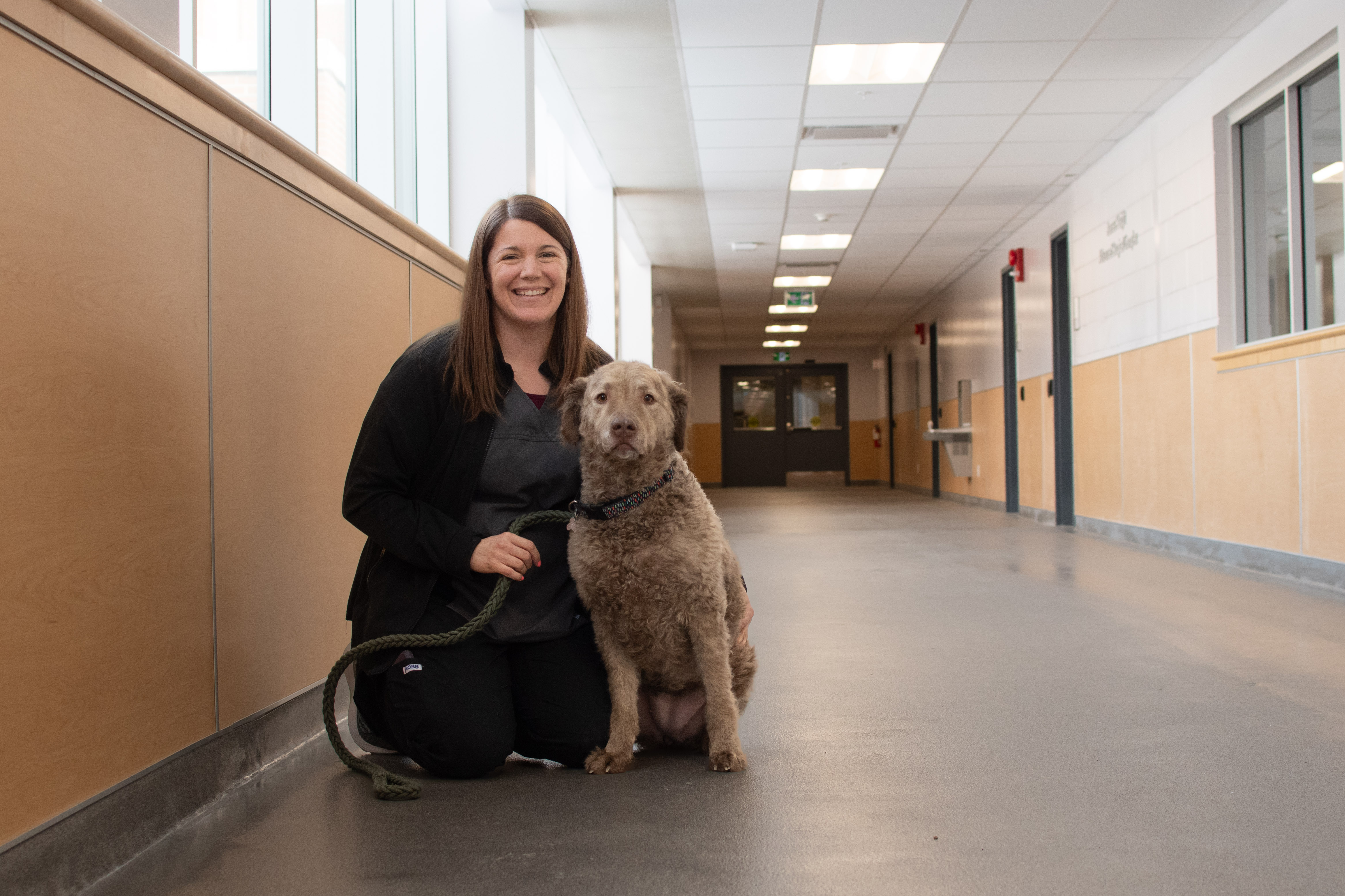 A woman kneels in a hallway beside a curly-haired brown dog, smiling at the camera. The dog sits calmly on the floor with a green leash, and bright windows line the corridor behind them.