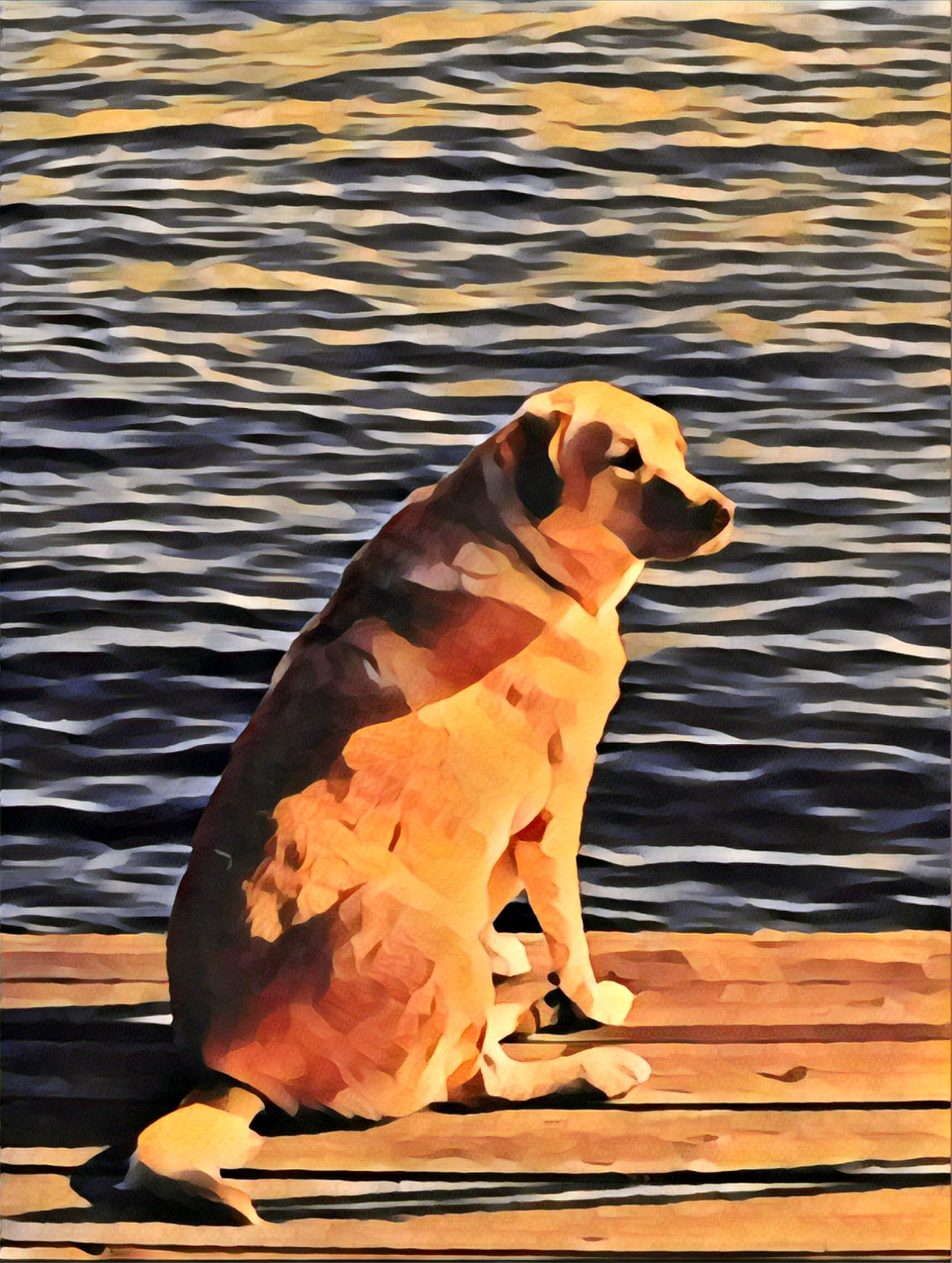 Illustration of Kim and Stu Lang's dog, Remy, sitting on a dock beside water.