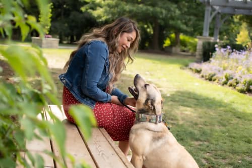 A woman wearing a blue jacket and a red dress sitting on a park bench and looking down at a large tan-coloured dog