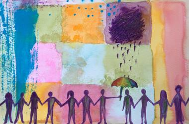Painting of people providing support to someone in need, holding umbrella.